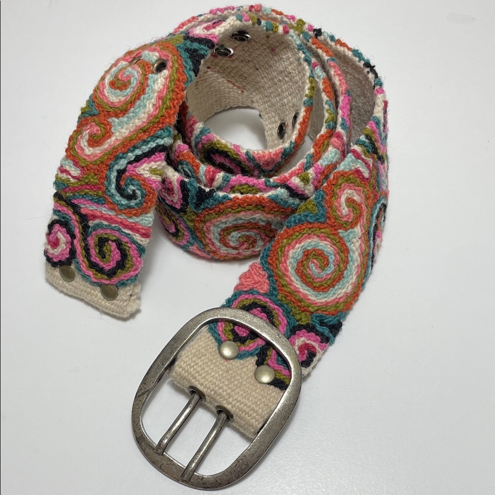 Jenny Krauss Southwestern Boho Wool Belt Multicolor Embroidered Belt Size Large